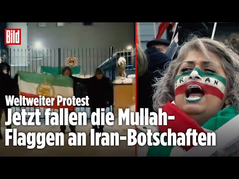 JETZT FALLEN DIE MULLAH-FLAGGEN: Weltweiter Protest an Iran-Botschaften