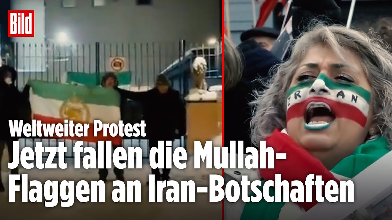 JETZT FALLEN DIE MULLAH-FLAGGEN: Weltweiter Protest an Iran-Botschaften