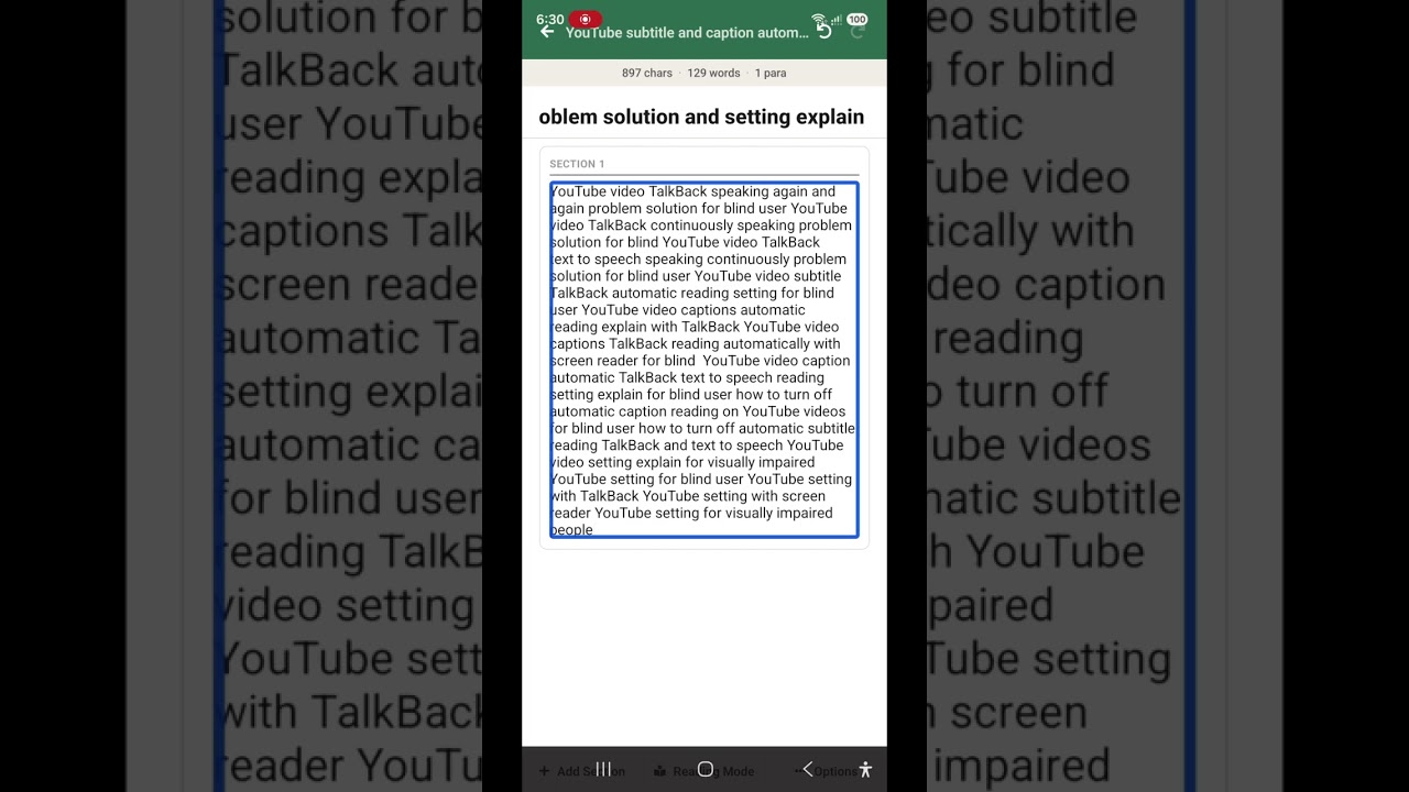 YouTube video caption automatically reading TalkBack and text to speech setting and solution 