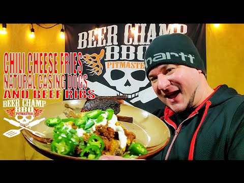 Chili Cheese Fries with Beef Ribs & Dogs in the Shanty