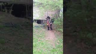 Leatherface falls and gets pissed off
