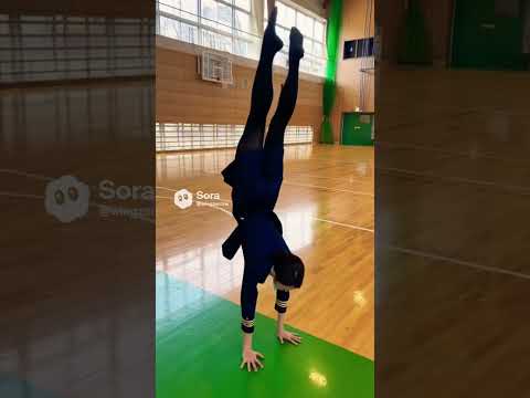 体育館で逆立ちを練習している客室乗務員（CA）