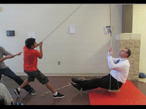 Single and compound pulleys review - lifting our principal // Homemade Science with Bruce Yeany