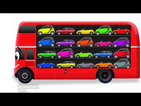 Colors for children to learn with bus transporter toy. Street vehicles - educational videos