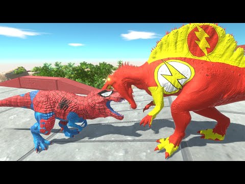 FLASH SPINOSAURUS DEATH FALL vs SPIDER MAN T-REX | Animal Revolt Battle Simulator