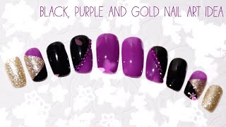 Black, Purple And Gold Nail Art Design Idea