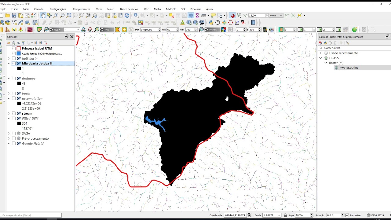 Delimitação de Bacias Hidrográficas no QGIS 3.8 - Parte 3: extração de microbacia (GRASS)