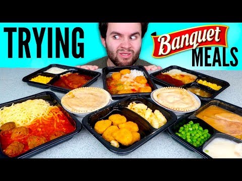 TRYING BANQUET FROZEN MEALS! - Gravy Pie, Chicken Nuggets & Fries, Turkey Dinner, & MORE Taste Test! Video
