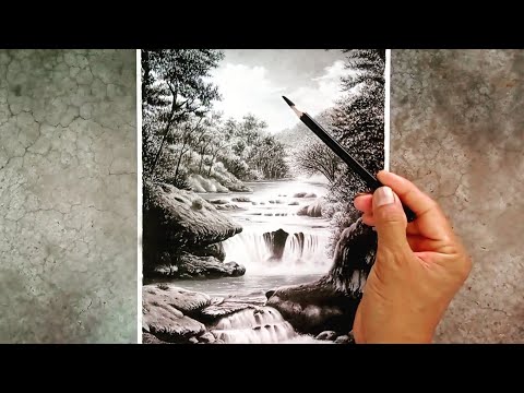 Waterfall landscape scenery drawing by pencils / Nature drawing easy //