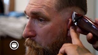 Slicked Back Barbershop Skin Fade Haircut with Beard Trim