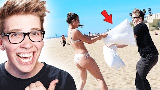 Pillow Fighting Strangers At The Beach!