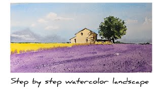How to paint a dreamy watercolor lavender field in 10 minutes /step by step tutorial