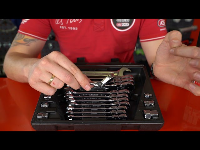 Video Teaser für KS TOOLS 503.4868 GEARplus Gelenk-Ratschenringmaulschlüssel-Satz, feststellbar, 18-tlg