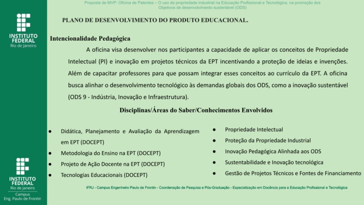 Proposta de MVP  Oficina de Patentes   O uso da propriedade industrial na Educação Profissional e Te