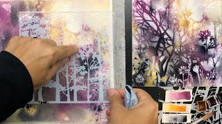 Reverse Stenciling WATERCOLOR abstract landscape - easy & relaxing painting process - 424