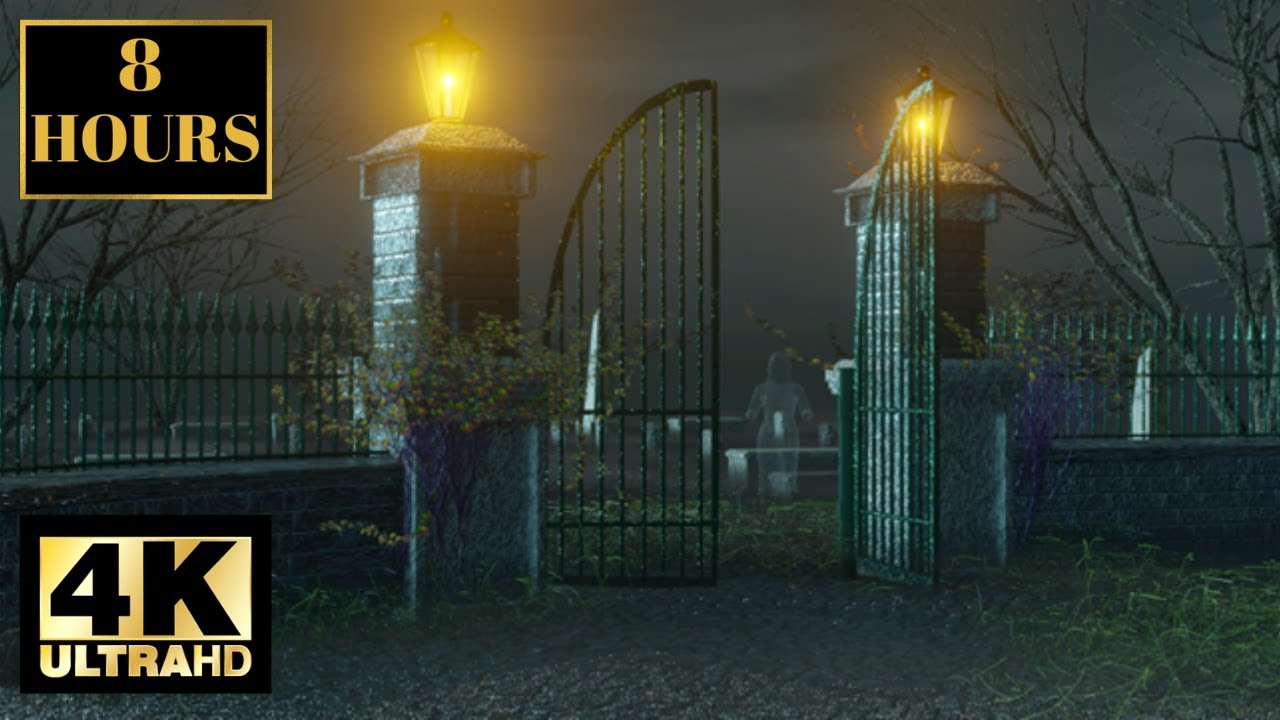 Halloween Cemetery Ghost Spooky Ambience Wallpaper Screensaver Background 4K 8 HOURS Spooky Music