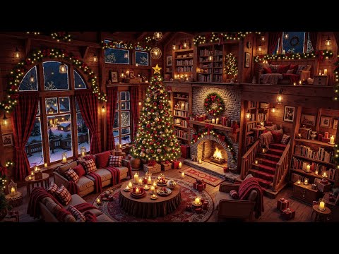 Cozy Winter Cabin Ambience with Christmas Jazz Music 🎄 Crackling Fireplace & Falling Snow Sounds