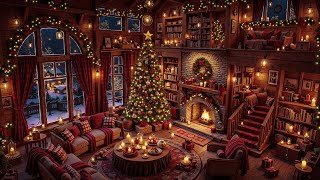 Cozy Winter Cabin Ambience with Christmas Jazz Music 🎄 Crackling Fireplace &amp; Falling Snow Sounds