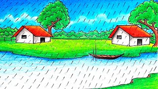 How to draw a scenery of Rainy season step by step
