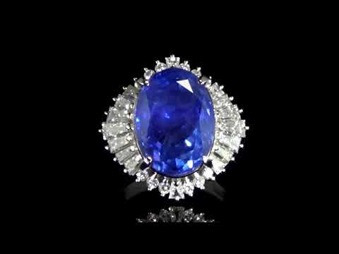 GIA Certified 13.69ct Oval Cut Unheated Blue Sapphire and Diamond Ring