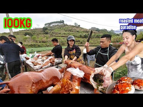 A small village festival in Vietnam sells a lot of roasted pork, attracting a large crowd of buyers.