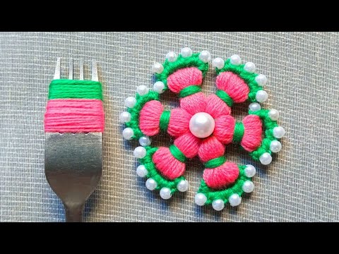 It's so Cute !! Superb Woolen Flower Making Trick Using Fork -Hand Embroidery Amazing Flower