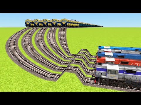 FIVE MEMU AND DIESEL TRAINS VS DOWN SLIDE & BIG SPEED BUMPS RAILROAD ▶️ Train Simulator | CrazyRails