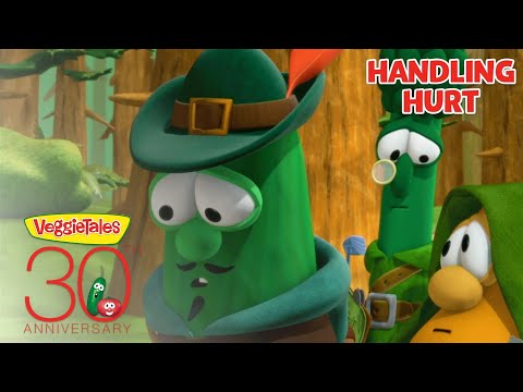 Three VeggieTales characters stand in a forest; one wears a hat and has a sad expression, with a magnifying-glass-wielding friend nearby, plus a 'Handling Hurt' title and VeggieTales 30th Anniversary logo in the corner.