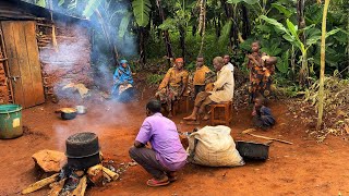 Cooking African Traditional Village food for lunch/Ebitooke and whole goat meat/African Village life