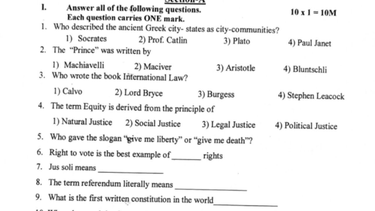 Inter 1st year civics pre final 2 exam real question paper(Inter 1st year civics prefinal exam real)