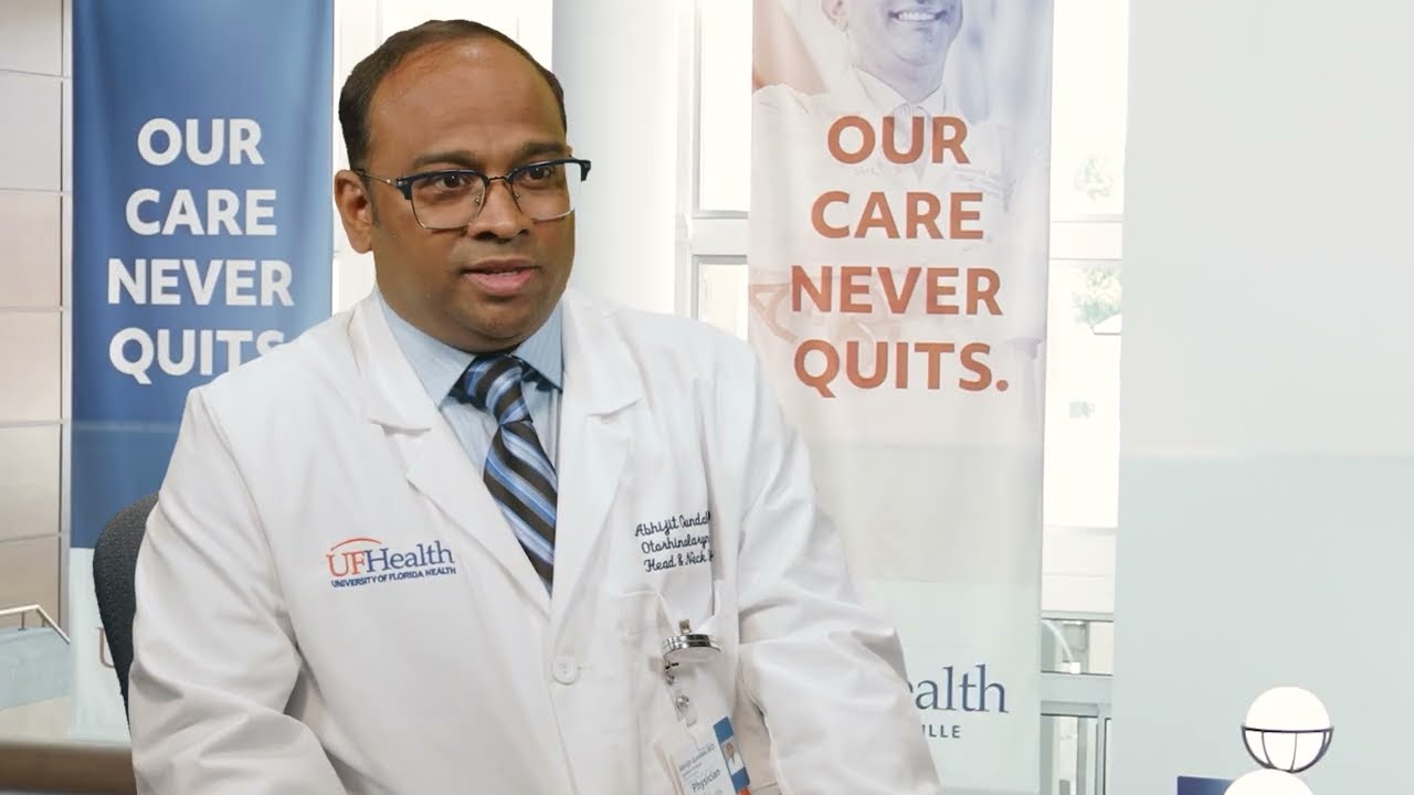 Video preview image: Meet ÂÜÀòÉç Jacksonville otolaryngologist, Abhijit Gundale, MD. Dr. Gundale is an ear, nose and throat physician, as well as a head and neck surgeon, who offers expertise in diagnosing and treating head and neck cancer. This includes diseases of the salivary glands and thyroid and parathyroid disorders. ÂÜÀòÉç Surgery – Jacksonville is backed by University of Florida faculty surgeons, physician extenders, resident physicians, and a staff of specialists who combine the brilliance of academic excellence with the advanced clinical skills you would expect from some of the finest physicians in the country.