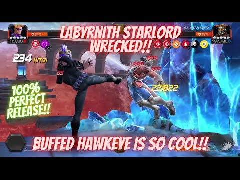 HAWKEYE BUFF IS SO COOL!! 100% PERFECT RELEASE VS LABYRINTH STARLORD!! 5 STAR RANK 4 WRECKS HIM