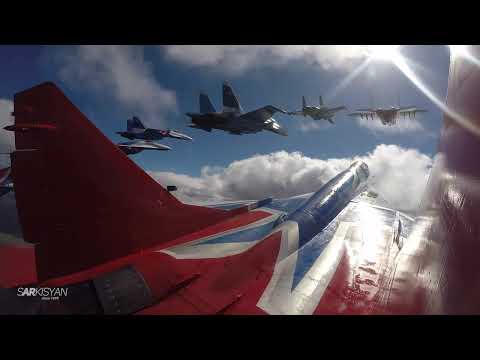 Aerobatic teams "Swifts" and "Russian Knights" in the "Cuban Diamond" formation