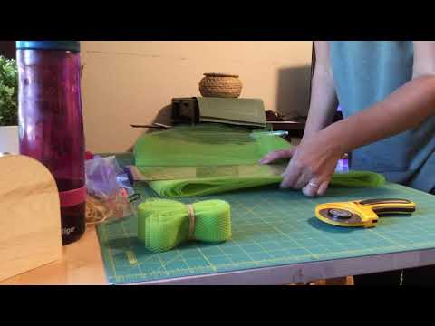 Cutting netting into strips for scrubbies