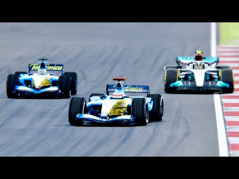 Mercedes F1 2022 W13 vs Renault F1 2004 vs Renault F1 2005 at Silverstone