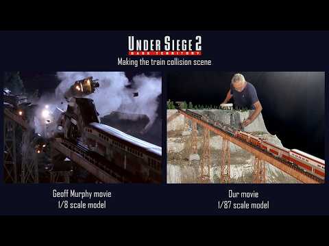 Head on train crash movie, on a bridge, derailment after collision, behind the scenes. HO scale fail