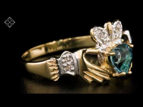 Blue Topaz 5mm And Diamond 9K Gold Claddagh Ring - A3424