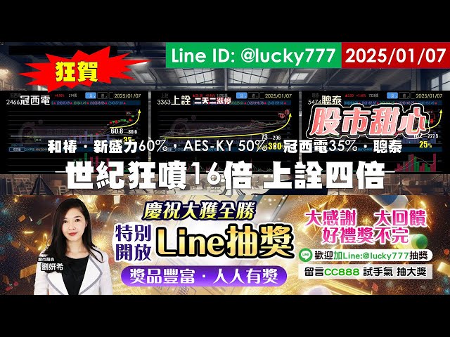 劉姸希(股市甜心)01/07【甜心盤後影音】狂賀～世紀狂噴16倍～上詮四倍～和椿．新盛力60%．AES-KY 50%．冠西電35%．聰泰