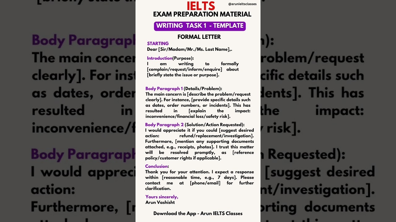 IELTS Writing task 1 template | Template for formal letter type #shorts