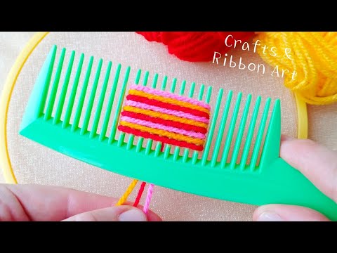 2 Superb Woolen Flower Making Trick Using Hair Comb - Hand Embroidery Amazing Flower Design