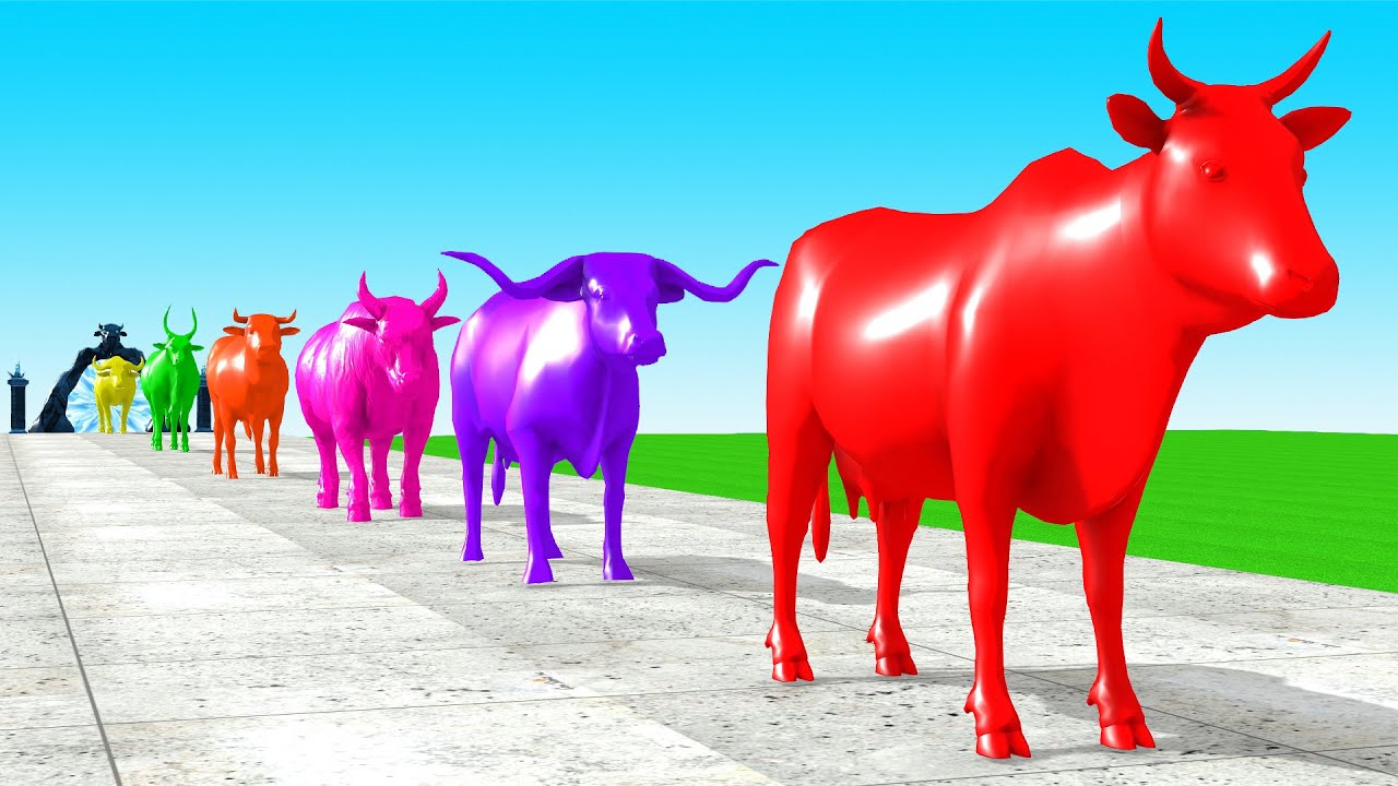 動物の牛の漫画、バッファロー、雄牛、ヤク、牛、バイソンの噴水を渡る動物変身ゲーム