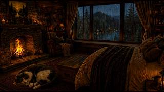 NO ADS⛈️Heavy Rain & Thunder in Cozy Cabin🔥Crackling Fire &Purring Cat ASMR for Deep Sleep (12 Hours
