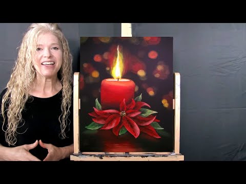 Learn How to Paint with Acrylics CANDLE LIT POINSETTIA - Easy Art Tutorial - Paint and Sip at Home