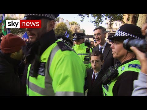 Protesters heckle Jacob Rees-Mogg and young son