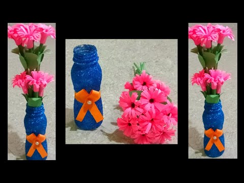 unique design flower vase made from plastic bottle with paper Flower/sasmita art and craft gallery