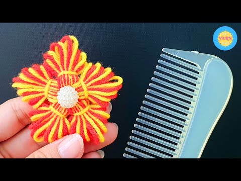 Super Easy Woolen Flower Making Trick Using Hair Comb - Hand Embroidery Amazing Flower Design