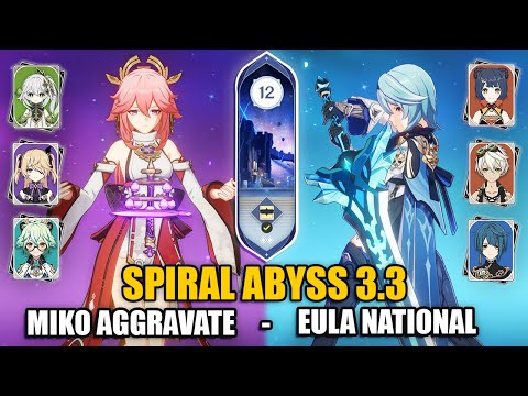 C0 Yae Miko Aggravate & C0 Eula National Team | Spiral Abyss 3.3 Floor 12 9 Stars | Genshin Impact
