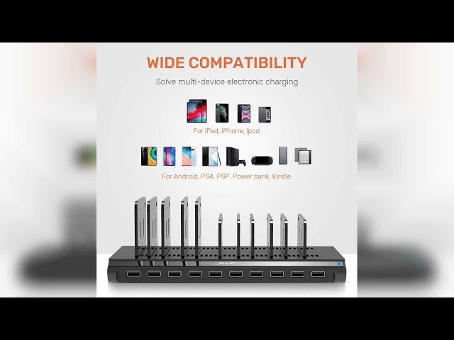 Vídeo relacionado con Alxum 96W Estación de Carga USB A 10 Puertos, Estacion Carga Rapida Múltiples con divisores, Blanco