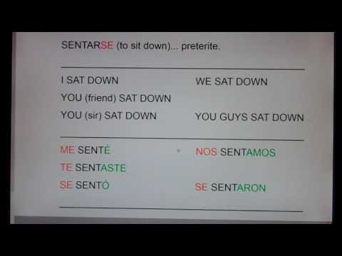 SENTARSE (to Sit down) preterite forms:  me senté, te sentaste, se sentó, nos sentamos, se sentaron.