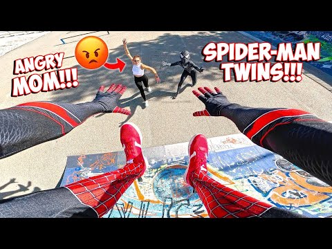 TWO SPIDER-MAN TWINS ESCAPING INSANE COMPLETELY ANGRY MOM! (POV Parkour Funny)